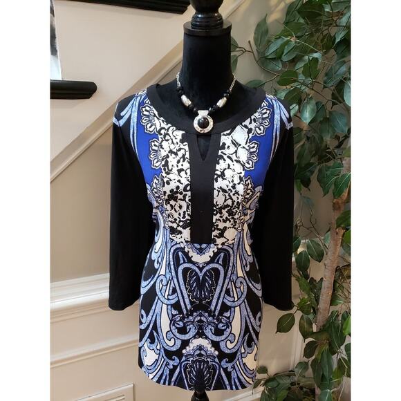 JM Collection Tunic Top Women XL Black Geo Print Keyhole Neck Stretch 3/4 Sleeve - Picture 1 of 10
